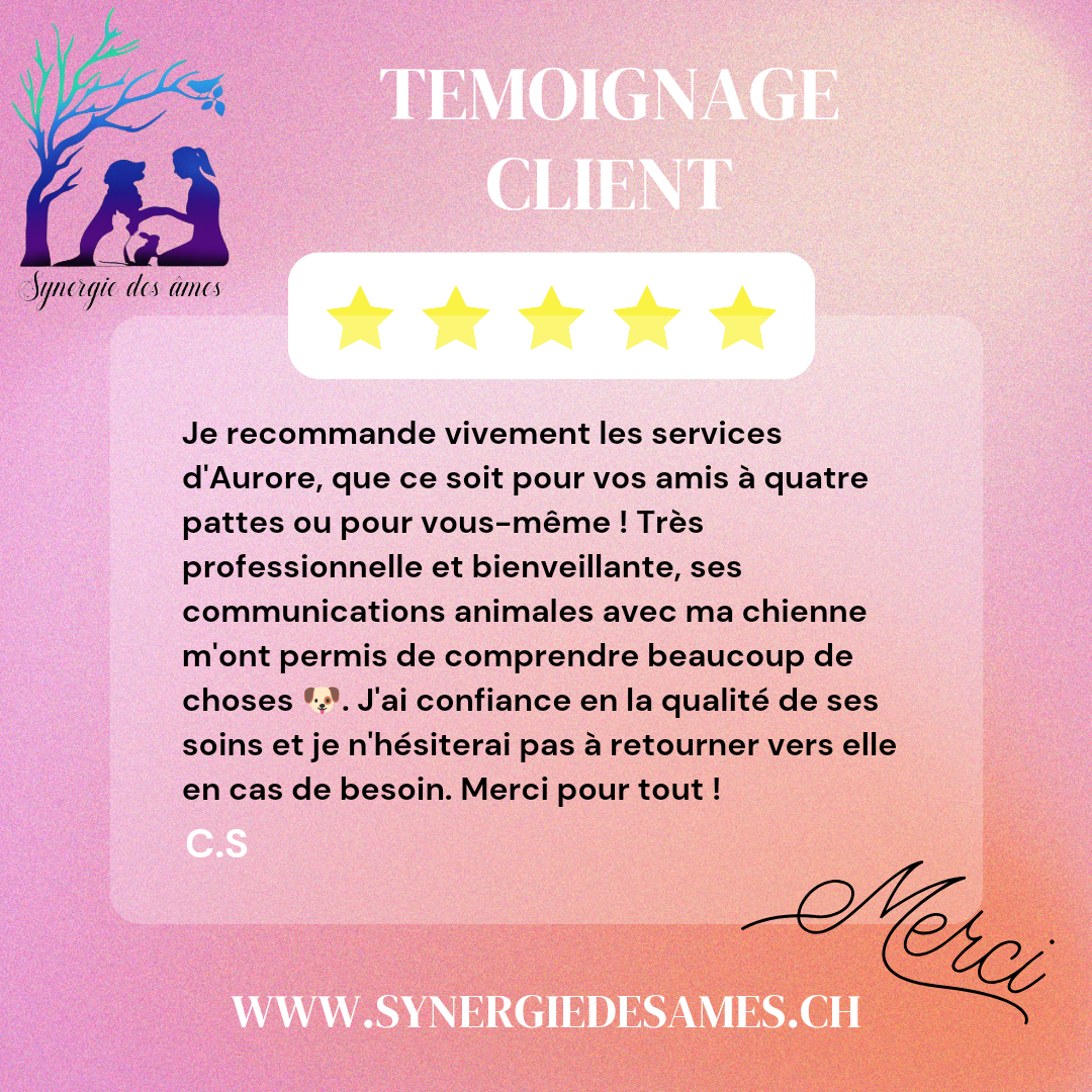 Témoignage client : soins énergétique et communication animale comportementale Témoignage client satisfait suite à une communication animale pour expliquer le comportement de la chienne et soins énergétiques