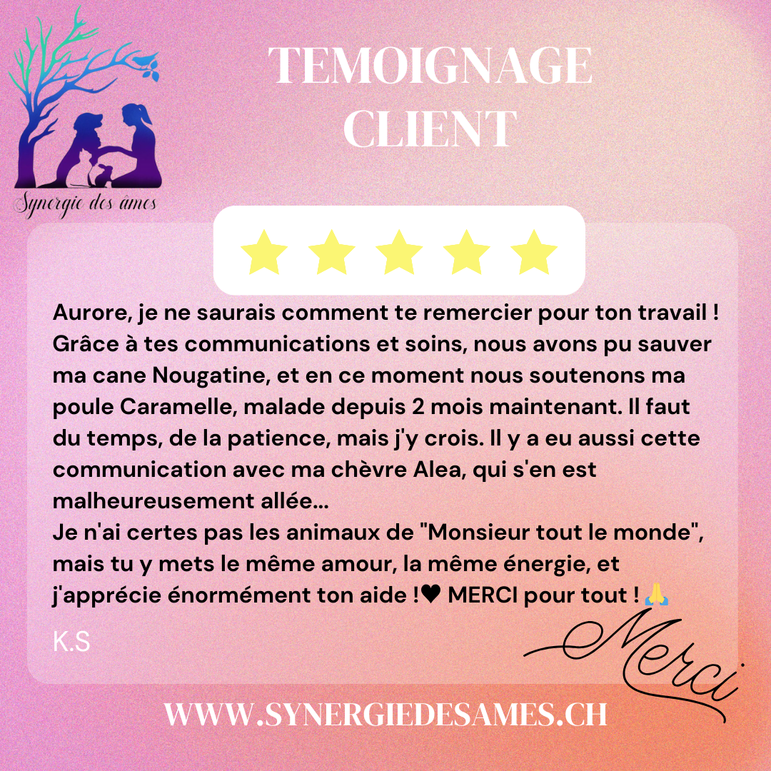 La communication animale pour tous : chèvres, poules, canards Témoignage client satisfait communication animale pour des chèvres, poules, canards